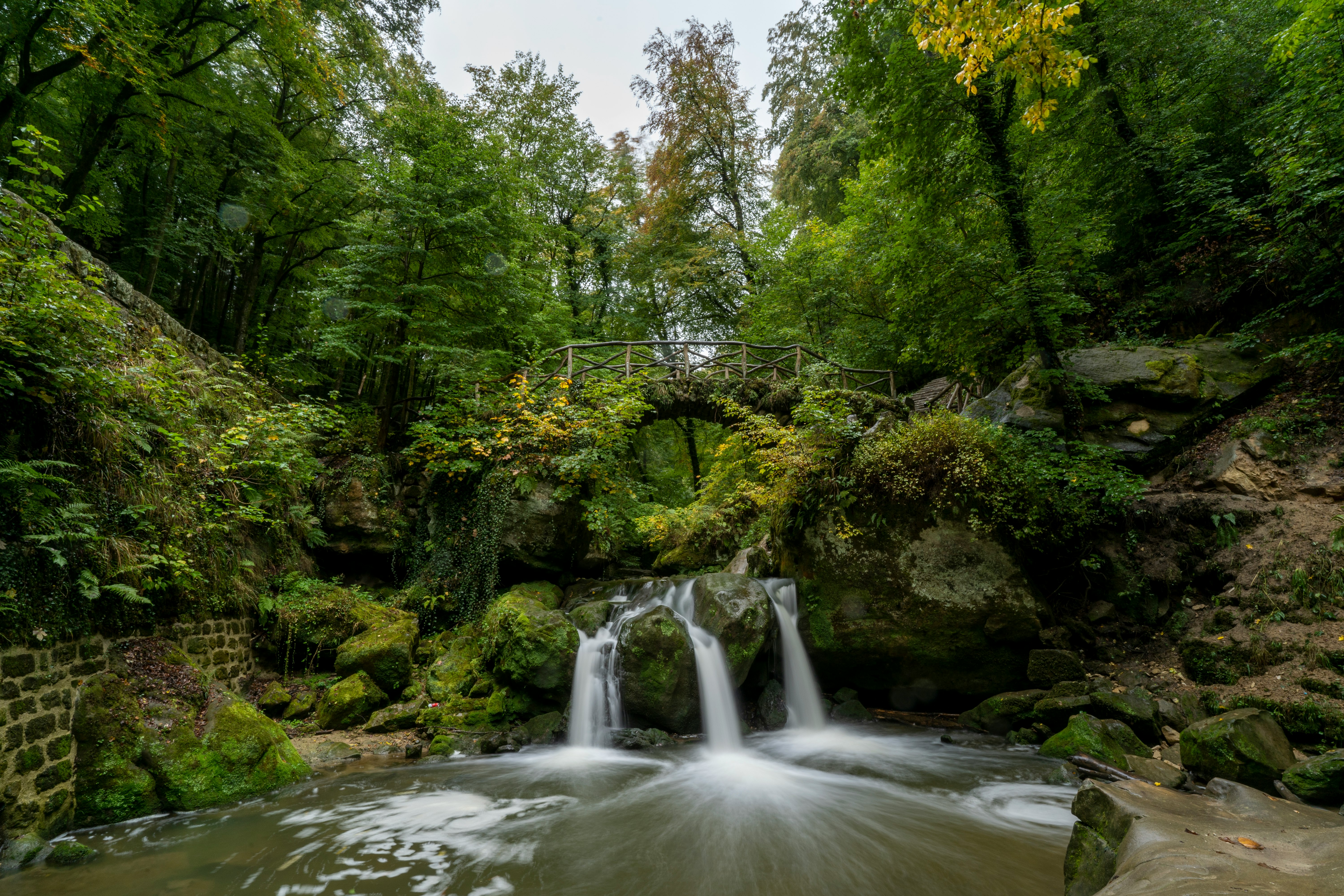 waterfalls in the middle of green trees during daytime